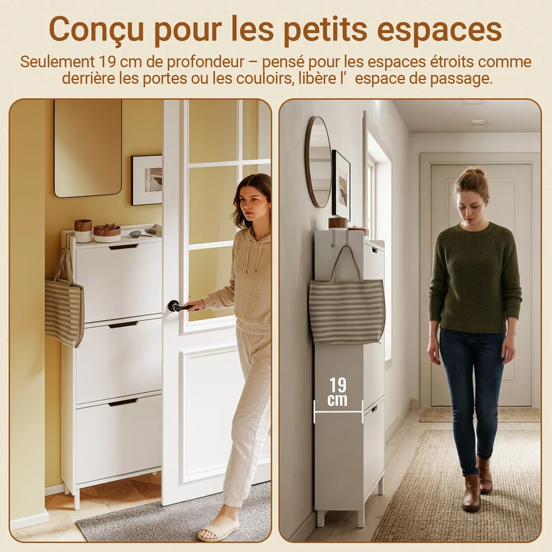 SoBuy FSR151-H-E-W Armoire à Chaussures Ultra-Slim 19 cm – 3 Abattants – Entrée Gain de Place – Blanc avec LED