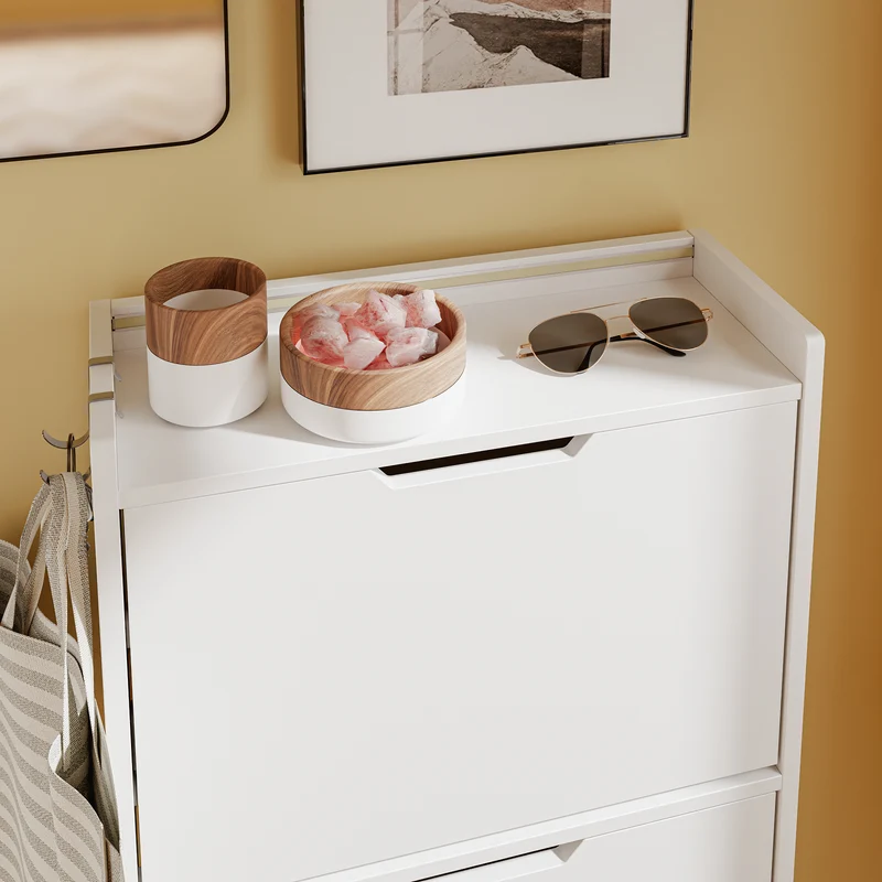 SoBuy FSR151-H-E-W Armoire à Chaussures Ultra-Slim 19 cm – 3 Abattants – Entrée Gain de Place – Blanc avec LED