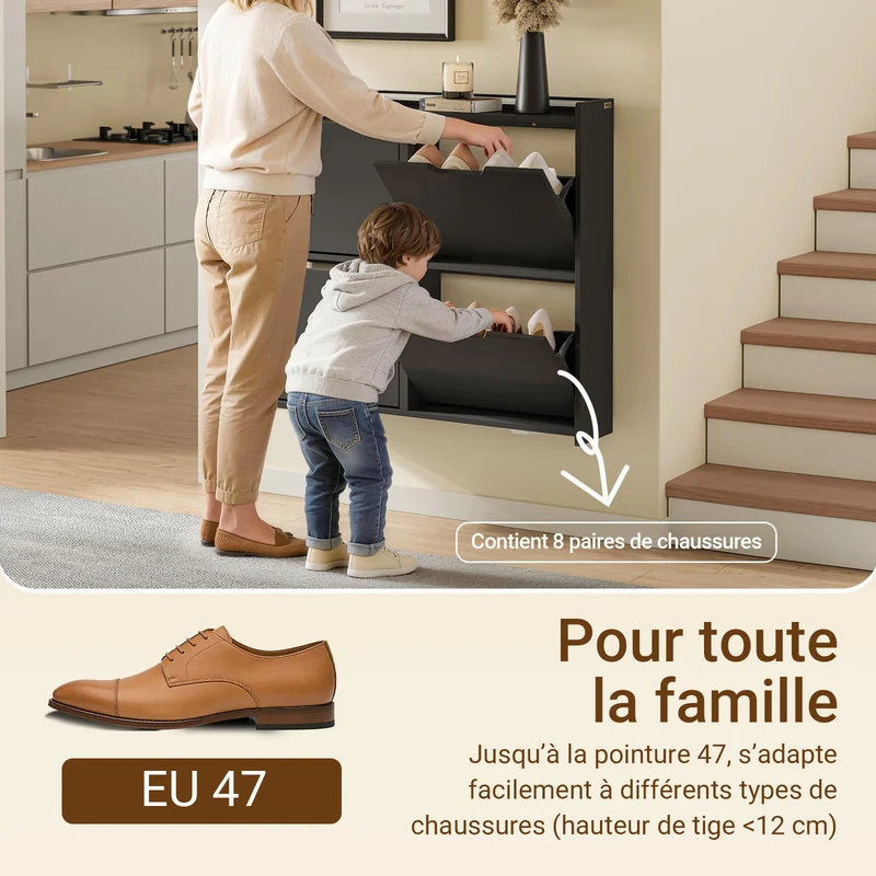 SoBuy FSR100-E-SCH Meuble à Chaussures Ultra-Slim 19 cm avec LED – 4 Abattants, 8-12 Paires – Noir