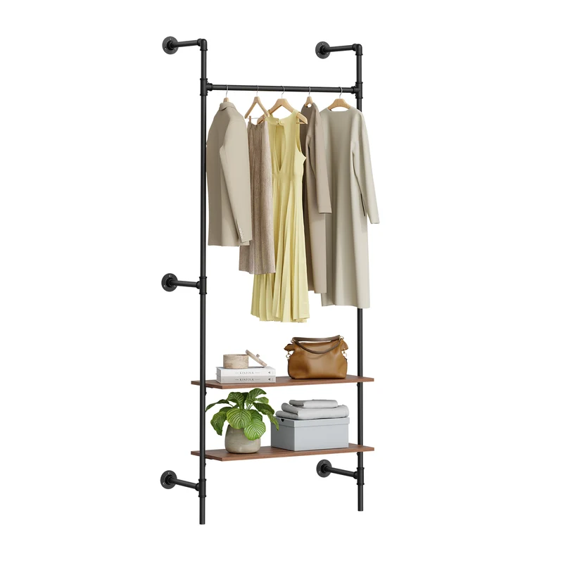 SoBuy KLS20-SCH Portant à Vêtements Mural Compact avec 2 Étagères MDF – Dressing Mural, Charge 45 kg, Noir Industriel 91,5×48×220 cm