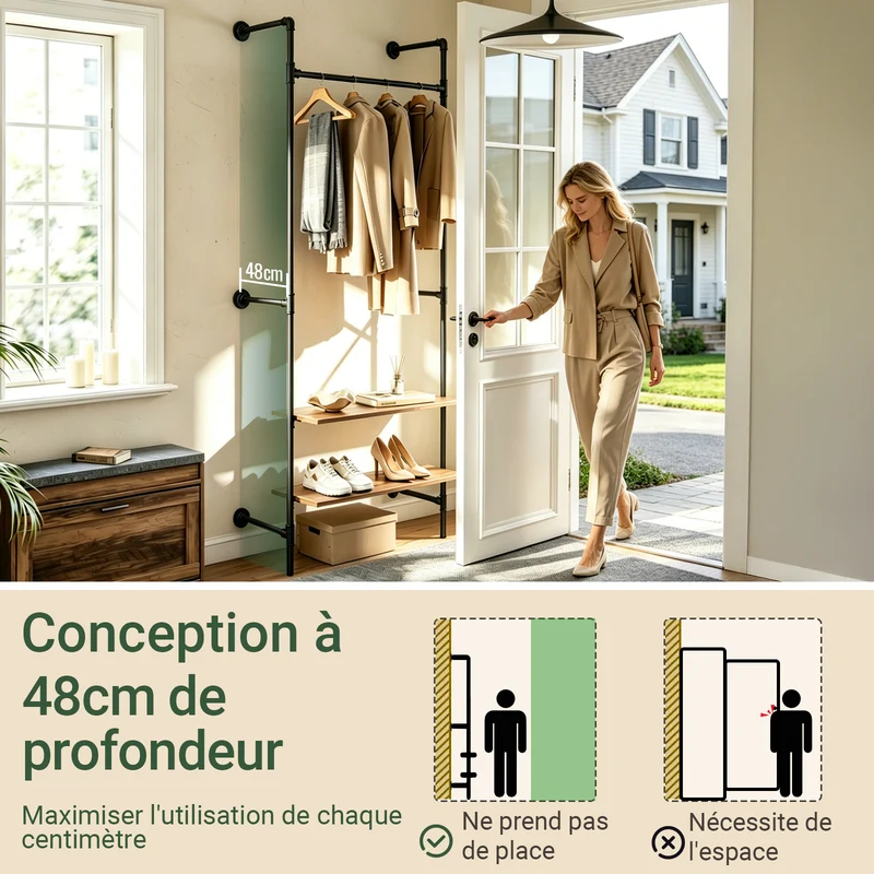 SoBuy KLS20-SCH Portant à Vêtements Mural Compact avec 2 Étagères MDF – Dressing Mural, Charge 45 kg, Noir Industriel 91,5×48×220 cm