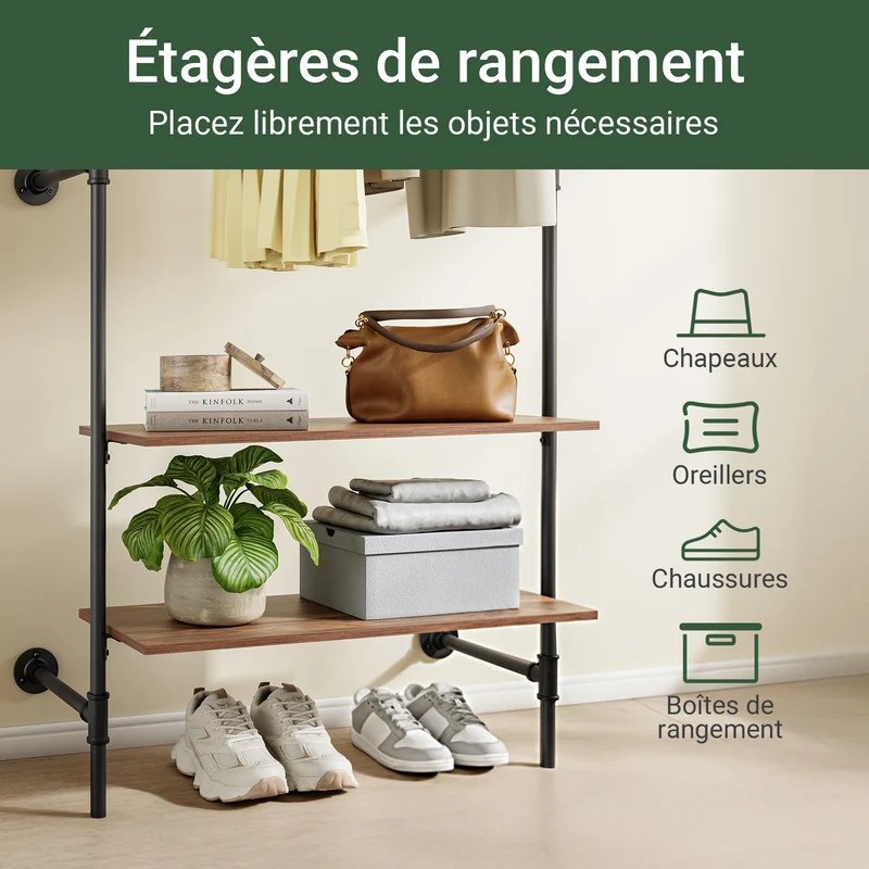 SoBuy KLS20-SCH Portant à Vêtements Mural Compact avec 2 Étagères MDF – Dressing Mural, Charge 45 kg, Noir Industriel 91,5×48×220 cm