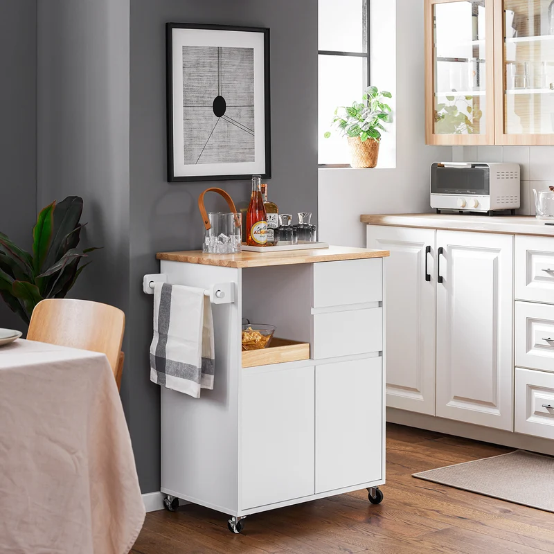 SoBuy FKW123-WN Petit Ìlot de Cuisine à Roulettes – Plan en Bois d'Hévéa, Plateau Extractible, 2 Tiroirs, 72×40×84 cm, Blanc