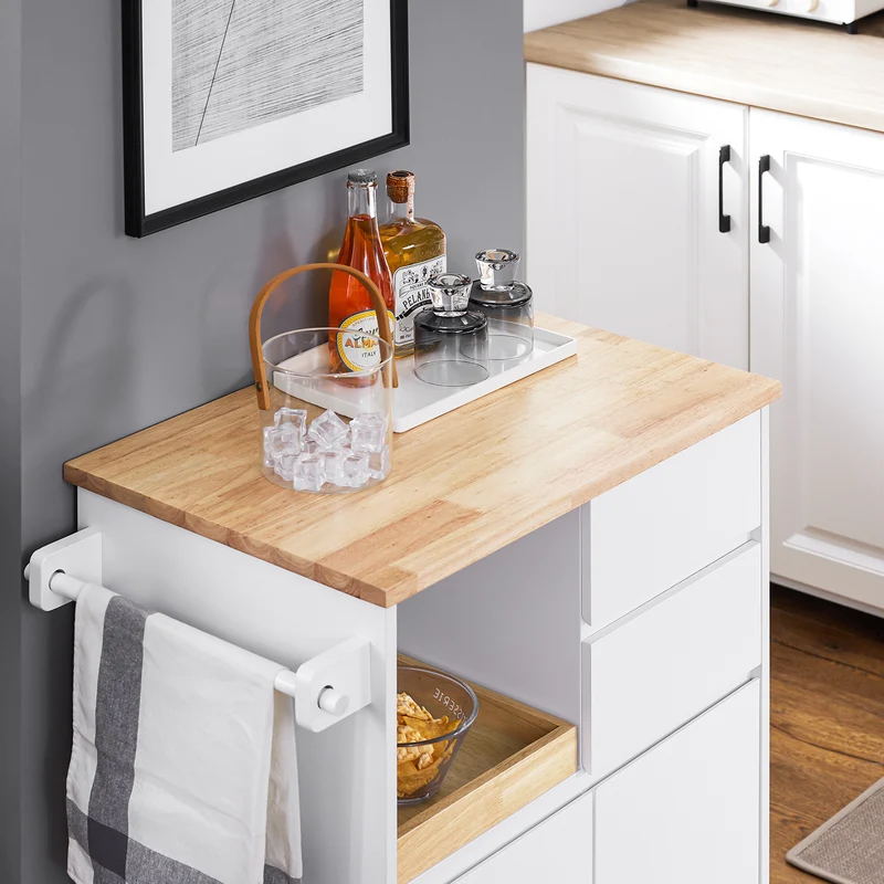 SoBuy FKW123-WN Petit Ìlot de Cuisine à Roulettes – Plan en Bois d'Hévéa, Plateau Extractible, 2 Tiroirs, 72×40×84 cm, Blanc