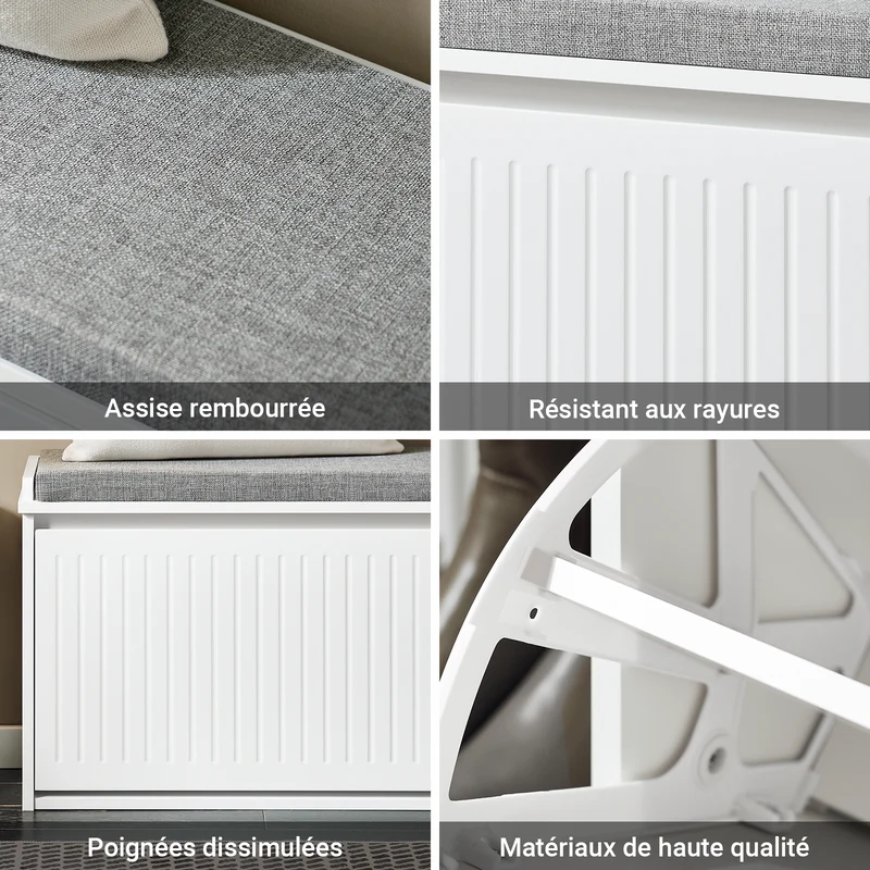 SoBuy FSR98-L-W Banc à Chaussures avec Coussin Rembourré et 1 Abattant pour Entrée Couloir – 80x26x45 cm, Blanc