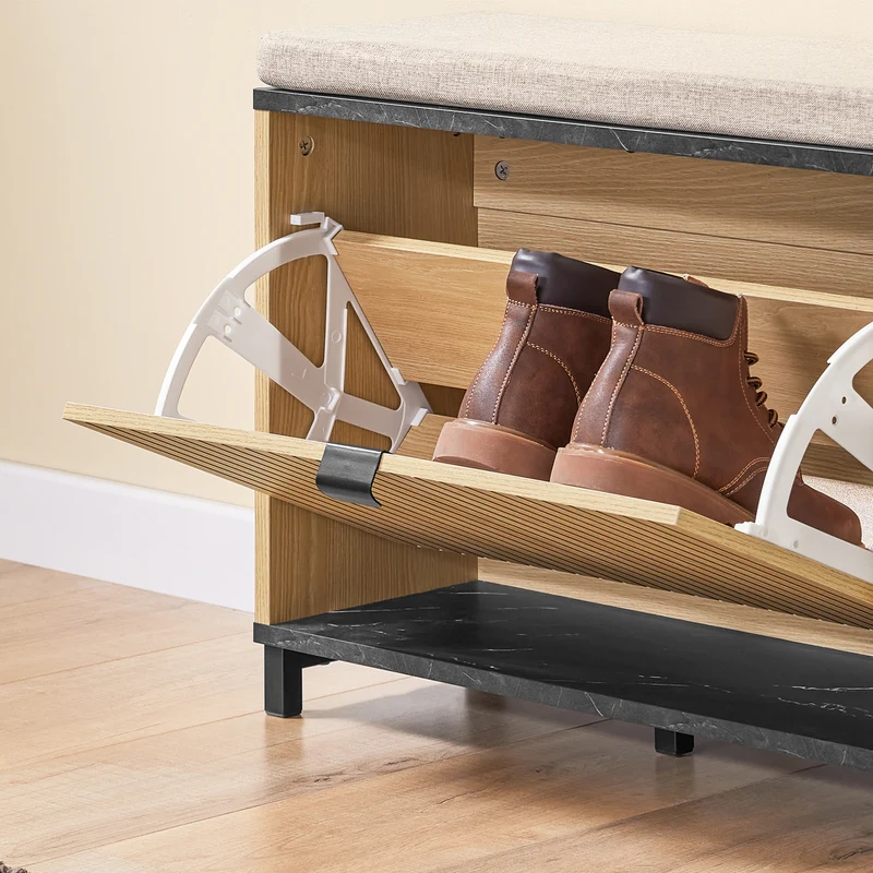 SoBuy FSR201-N Banc d’entrée avec assise rembourrée et rangement chaussures 24 cm – Abattant jusqu’au 47, style industriel noir et bois