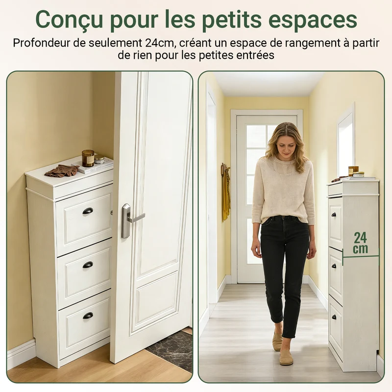 SoBuy FSR94-WG Meuble à Chaussures Slim 24 cm à 3 Abattants – Effet Bois Blanc