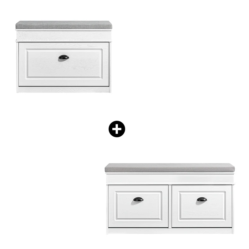 SoBuy FSR64-WG + FSR82-L-WG Ensemble Double Coffre à Chaussures avec Coussin, Rangement Abattant, Gain de Place – Effet Bois Vieilli Blanc