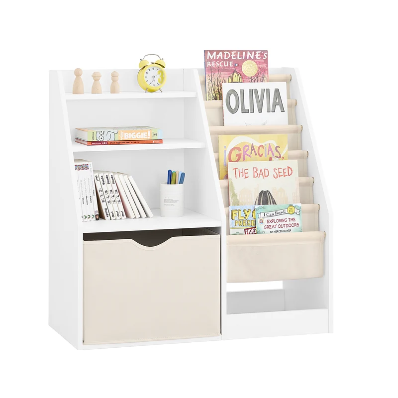 SoBuy KMB119-W Bibliothèque Enfant Montessori avec Étagère Inclinée, Poches Tissu et Pieds en Bois de Pin – L80×P40×H80 cm, PB/MDF E1, Blanc