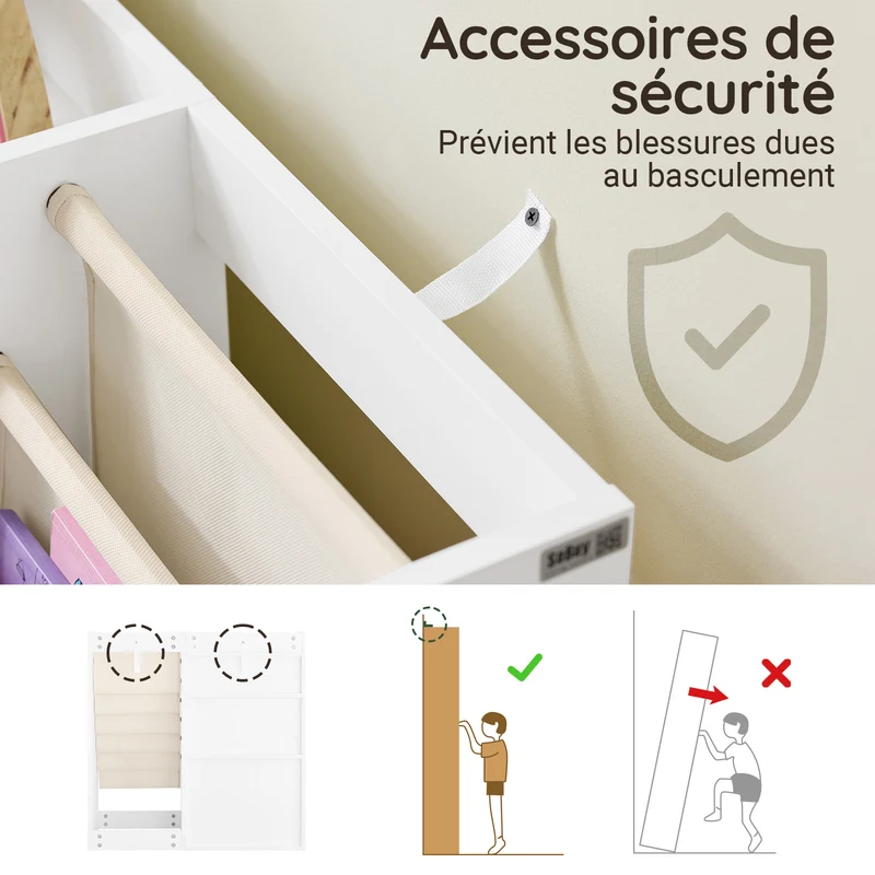 SoBuy KMB119-W Bibliothèque Enfant Montessori avec Étagère Inclinée, Poches Tissu et Pieds en Bois de Pin – L80×P40×H80 cm, PB/MDF E1, Blanc