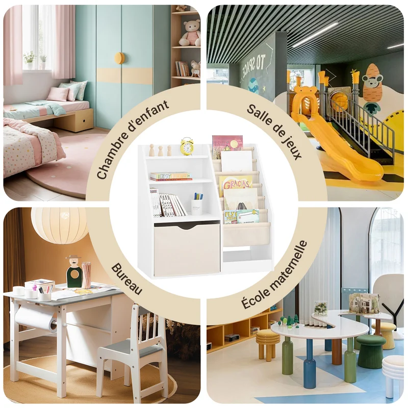 SoBuy KMB119-W Bibliothèque Enfant Montessori avec Étagère Inclinée, Poches Tissu et Pieds en Bois de Pin – L80×P40×H80 cm, PB/MDF E1, Blanc