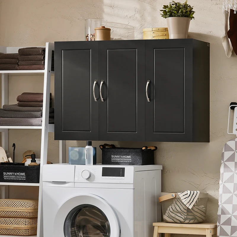 SoBuy FRG231-L-SCH Meuble Haut Suspendu Noir 90 cm avec 3 Portes et Étagère Réglable – MDF E1, Charge 36 kg, Sangle Anti-Basculement