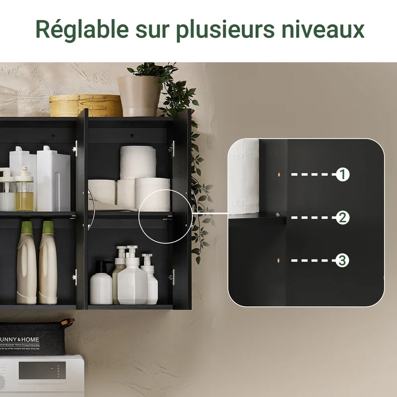 SoBuy FRG231-L-SCH Meuble Haut Suspendu Noir 90 cm avec 3 Portes et Étagère Réglable – MDF E1, Charge 36 kg, Sangle Anti-Basculement