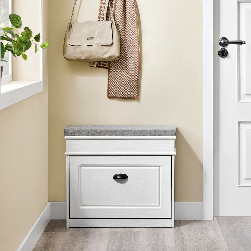 SoBuy FSR79-WG + FSR82-K-WG Ensemble Armoire à Chaussures 4 Abattants et Coffre avec Coussin, Rangement 20 Paires – Effet Bois Vieilli Blanc