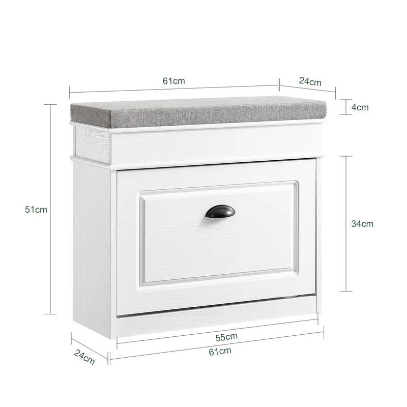 SoBuy FSR79-WG + FSR82-K-WG Ensemble Armoire à Chaussures 4 Abattants et Coffre avec Coussin, Rangement 20 Paires – Effet Bois Vieilli Blanc