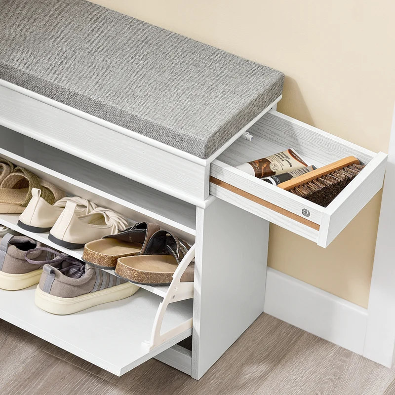 SoBuy FSR79-WG + FSR82-K-WG Ensemble Armoire à Chaussures 4 Abattants et Coffre avec Coussin, Rangement 20 Paires – Effet Bois Vieilli Blanc