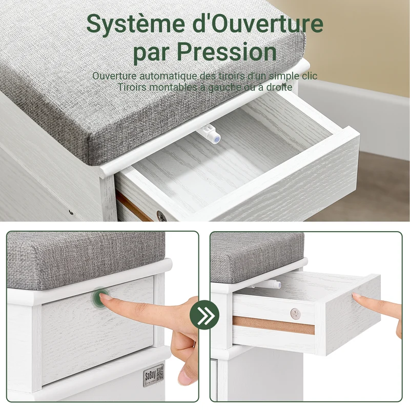 SoBuy FSR79-WG + FSR82-K-WG Ensemble Armoire à Chaussures 4 Abattants et Coffre avec Coussin, Rangement 20 Paires – Effet Bois Vieilli Blanc