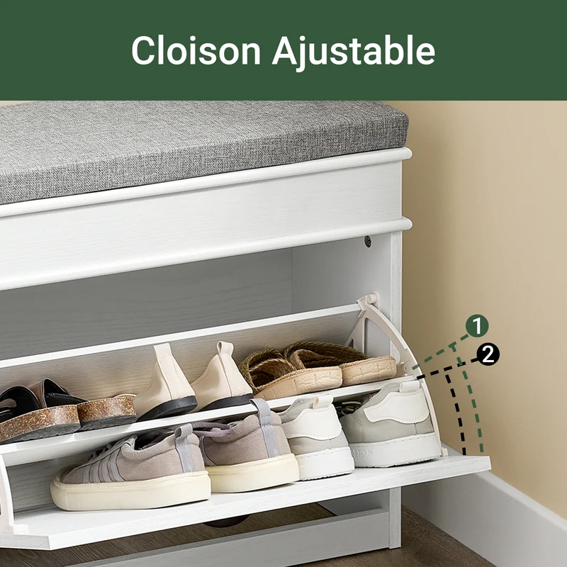 SoBuy FSR79-WG + FSR82-K-WG Ensemble Armoire à Chaussures 4 Abattants et Coffre avec Coussin, Rangement 20 Paires – Effet Bois Vieilli Blanc