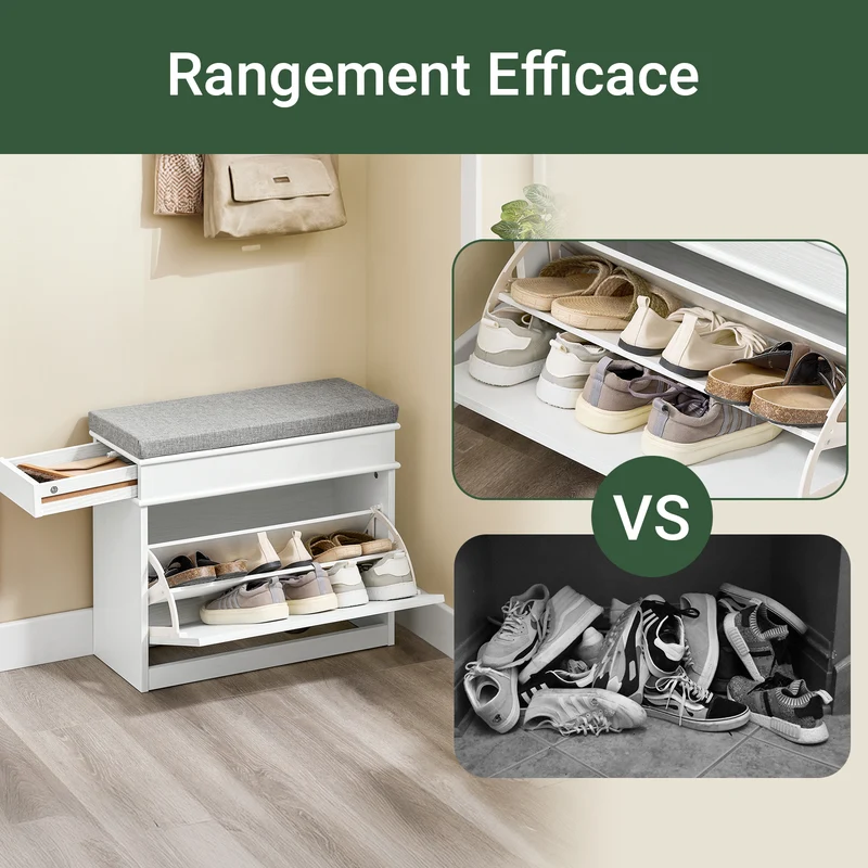 SoBuy FSR79-WG + FSR82-K-WG Ensemble Armoire à Chaussures 4 Abattants et Coffre avec Coussin, Rangement 20 Paires – Effet Bois Vieilli Blanc