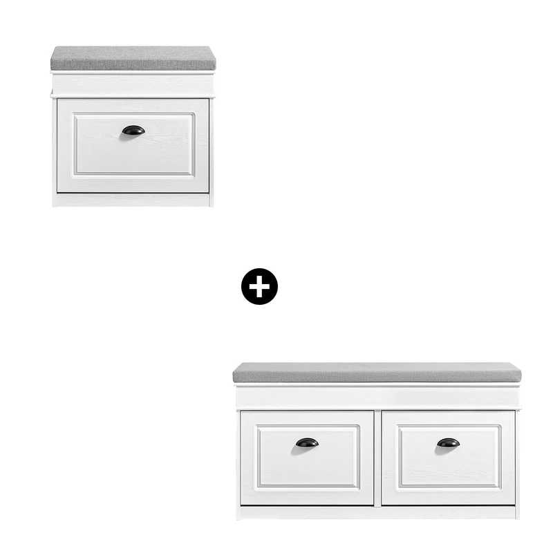 SoBuy FSR64-WG + FSR82-K-WG Ensemble Double Coffre à Chaussures avec Coussin, Rangement Abattant, Gain de Place – Effet Bois Vieilli Blanc