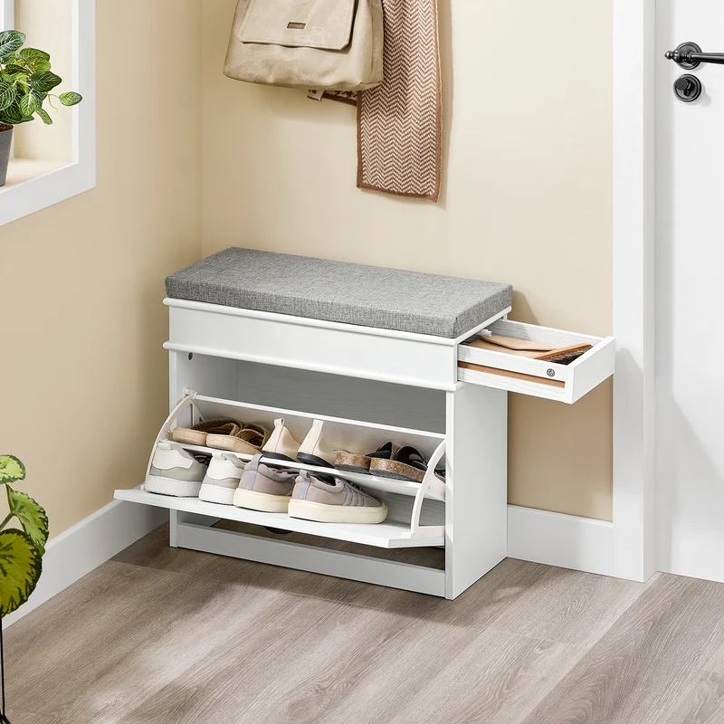 SoBuy FSR82-K-WG Banc à Chaussures avec Coussin Rembourré et 1 Abattant, Slim 24cm pour Entrée – 61x24x51 cm, Effet Bois Vieilli Blanc