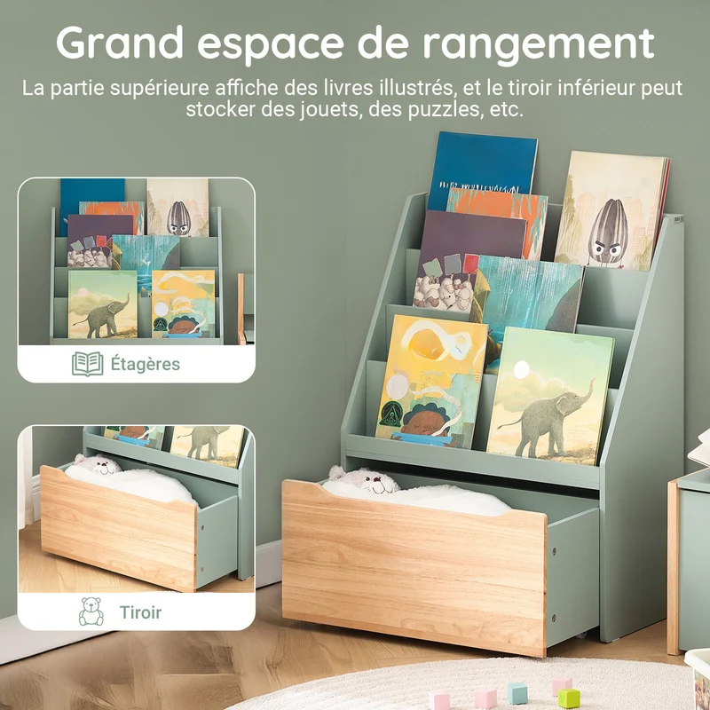 SoBuy KMB95-GR Bibliothèque Enfant Montessori avec Rangement Jouets et Roulettes
