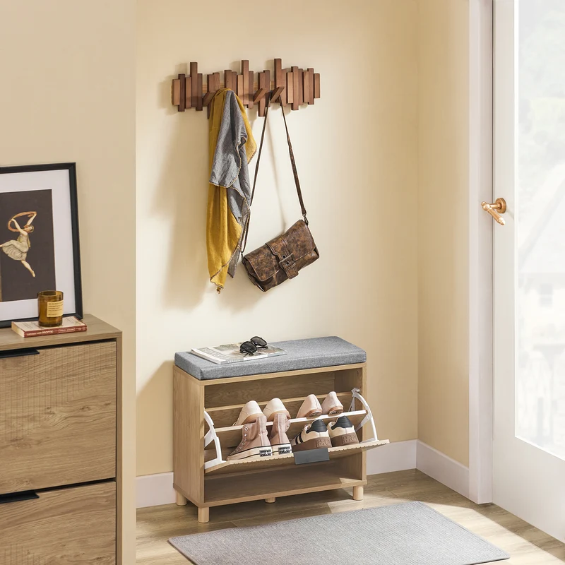 SoBuy FSR199-N Banc à Chaussures avec Abattant et Rangement Caché – Coussin Rembourré – 24 cm – Naturel