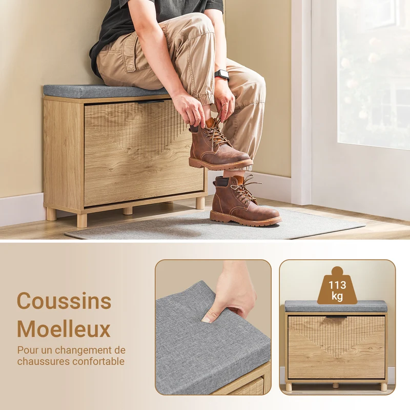 SoBuy FSR199-N Banc à Chaussures avec Abattant et Rangement Caché – Coussin Rembourré – 24 cm – Naturel