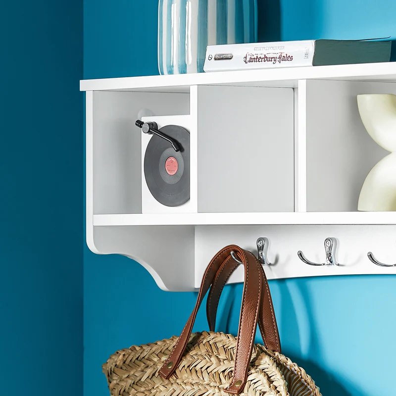 sebuyfr.comG48-L-W Portemanteau Étagère Murale Porte-Manteau Salle de Bain Meuble d’Entrée avec 4 Compartiments de Rangement Et 5 Crochets Blanc