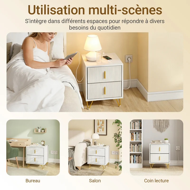 SoBuy FBT115-E-W Table de Chevet avec Prise Intégrée 4-en-1 – 2 Prises, USB, Type-C, 2 Tiroirs, Poignées Dorées, Blanc