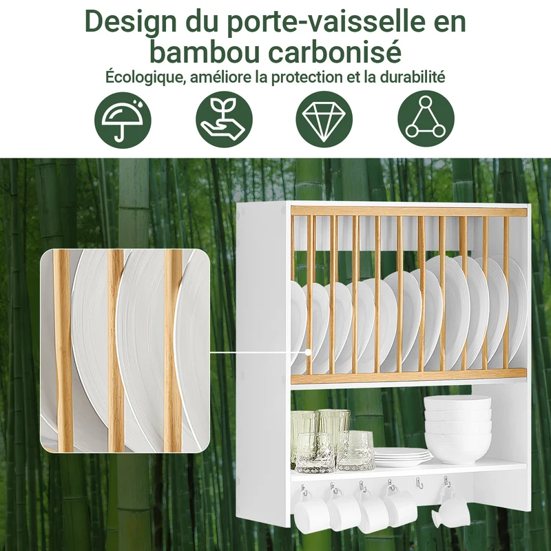 SoBuy KCR09-W Porte-Assiettes Mural avec Étagère et 7 Crochets – 11 Assiettes Ø35 cm, 64×24×71 cm, 10 kg, Blanc