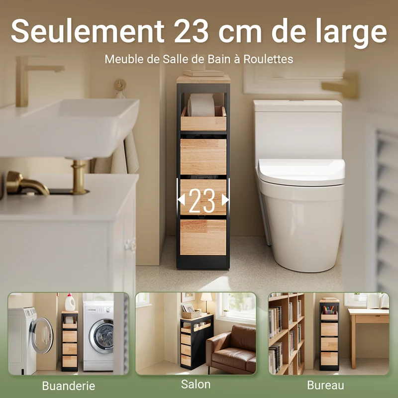 SoBuy BZR54-II-SCH Meuble Salle de Bain sur Roulettes, 3 Tiroirs avec Séparateurs, Étagère Ouverte – 65x23x82 cm, Noir