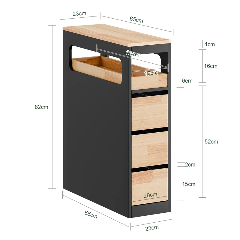 SoBuy BZR54-II-SCH Meuble Salle de Bain sur Roulettes, 3 Tiroirs avec Séparateurs, Étagère Ouverte – 65x23x82 cm, Noir
