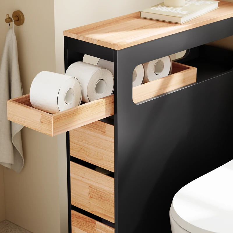 SoBuy BZR54-II-SCH Meuble Salle de Bain sur Roulettes, 3 Tiroirs avec Séparateurs, Étagère Ouverte – 65x23x82 cm, Noir