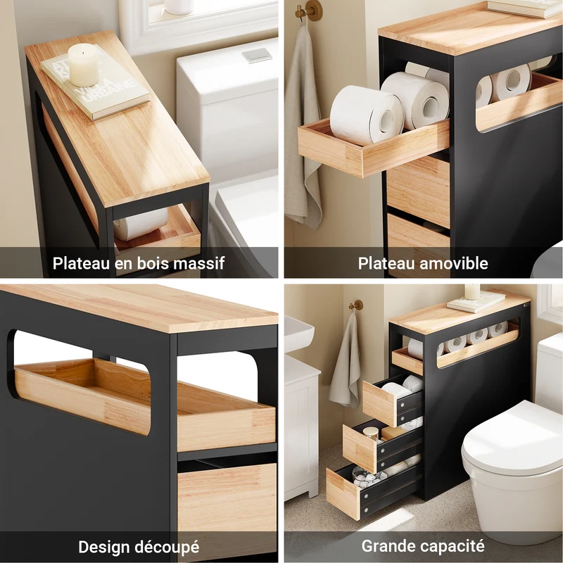 SoBuy BZR54-II-SCH Meuble Salle de Bain sur Roulettes, 3 Tiroirs avec Séparateurs, Étagère Ouverte – 65x23x82 cm, Noir
