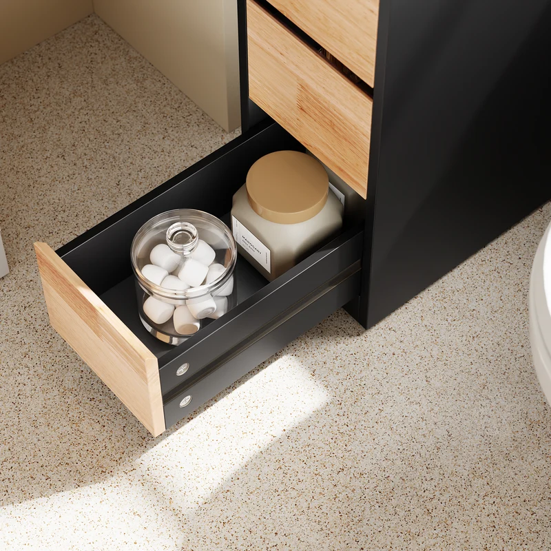 SoBuy BZR54-II-SCH Meuble Salle de Bain sur Roulettes, 3 Tiroirs avec Séparateurs, Étagère Ouverte – 65x23x82 cm, Noir