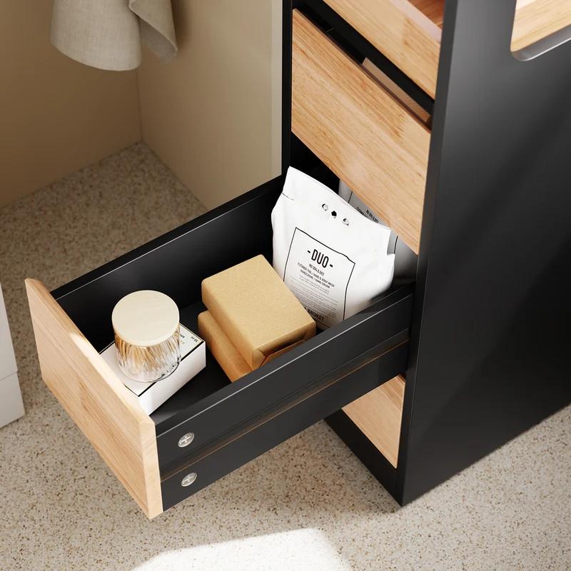 SoBuy BZR54-II-SCH Meuble Salle de Bain sur Roulettes, 3 Tiroirs avec Séparateurs, Étagère Ouverte – 65x23x82 cm, Noir