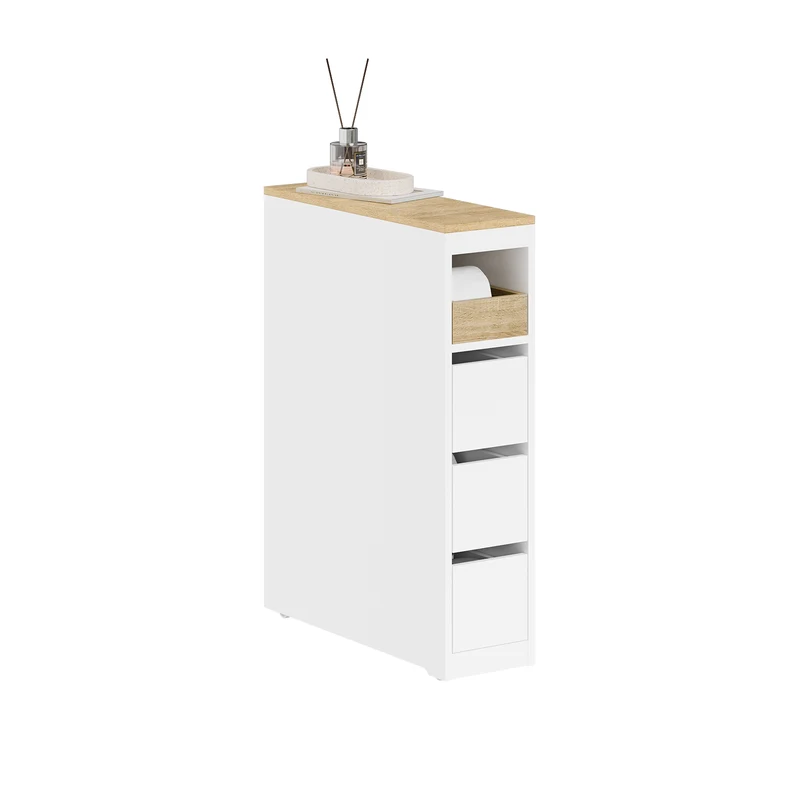 SoBuy BZR54-K-W Meuble WC Rangement 20 cm – 3 Tiroirs, Étagère Mobile, Roulettes Discrètes, Anti-Basculement – 60×20×82 cm, Blanc