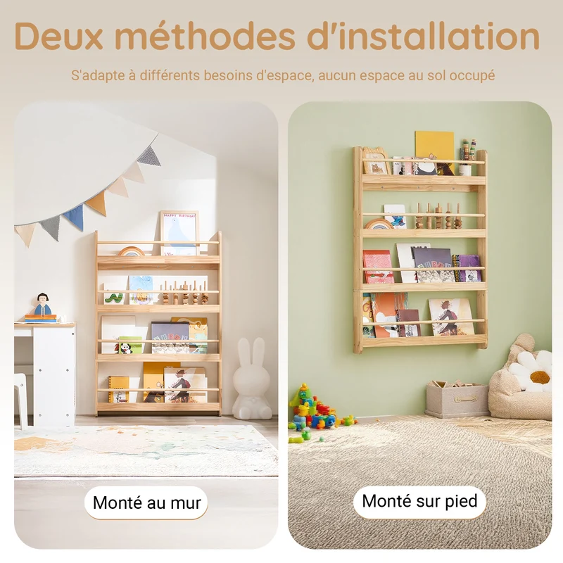 SoBuy KMB08-N Bibliothèque Enfant 4 Niveaux avec Anti-Basculement – L80 × P12 × H118 cm, Pin naturel