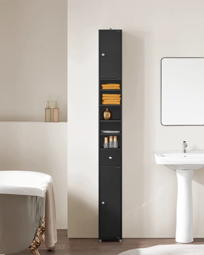 SoBuy BZR34-SCH Colonne Salle de Bain avec Tiroir et Étagères Réglables, Format Compact, Gain de Place, pour Salle de Bain et WC – L20×P20×H180 cm, MDF, Noir