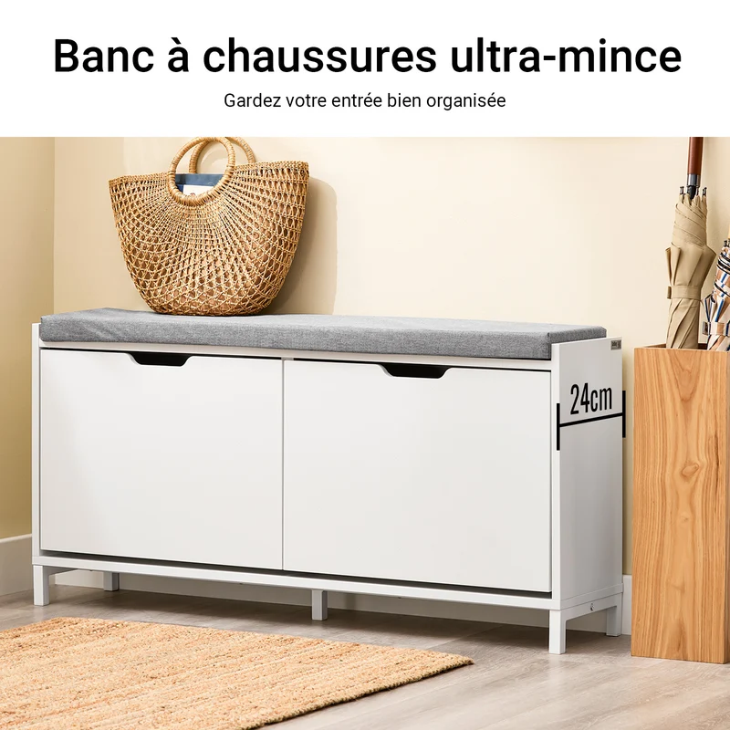 SoBuy FSR151-L-W Banc à Chaussures avec 4 Compartiments et Coussin Confortable, pour Entrée et Couloir, Compact – L105×P24×H52 cm, Charge 250 kg, Bois, Blanc