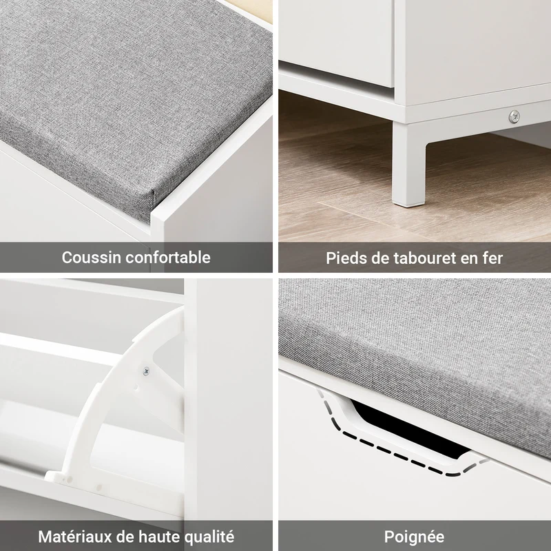 SoBuy FSR151-L-W Banc à Chaussures avec 4 Compartiments et Coussin Confortable, pour Entrée et Couloir, Compact – L105×P24×H52 cm, Charge 250 kg, Bois, Blanc