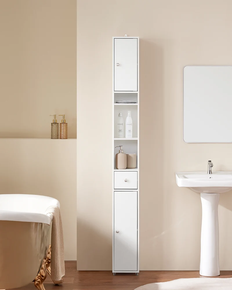 SoBuy BZR34-W Meuble Colonne Armoire Haut de Salle de Bain avec 1 Tiroir, 2 Portes et 5 Compartiments