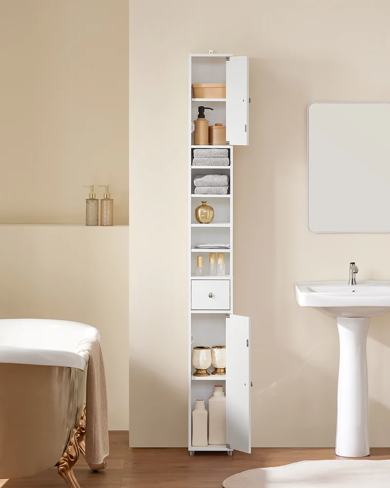 SoBuy BZR34-W Meuble Colonne Armoire Haut de Salle de Bain avec 1 Tiroir, 2 Portes et 5 Compartiments