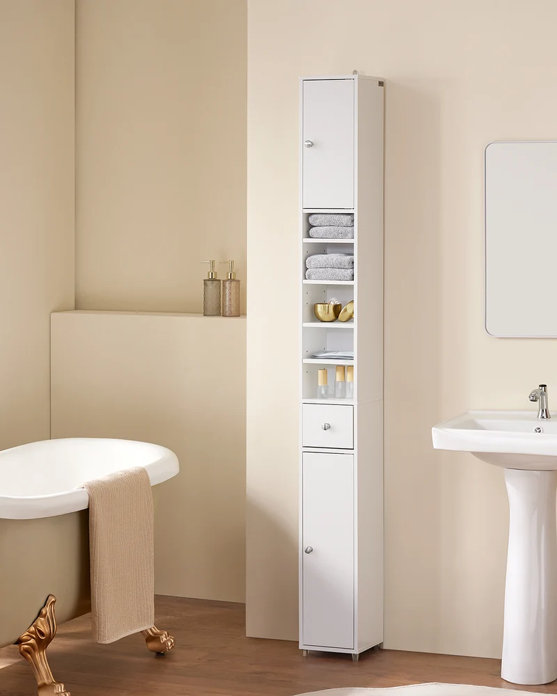 SoBuy BZR34-W Meuble Colonne Armoire Haut de Salle de Bain avec 1 Tiroir, 2 Portes et 5 Compartiments