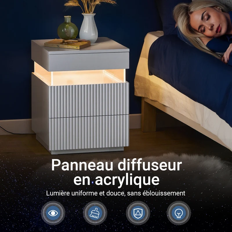 SoBuy FBT167-E-W Table de Chevet avec 3 Tiroirs, 2 Panneaux latéraux en Acrylique et éclairage LED, Design Moderne, Design Fonctionnel – L41×P40×H52 cm, Blanc