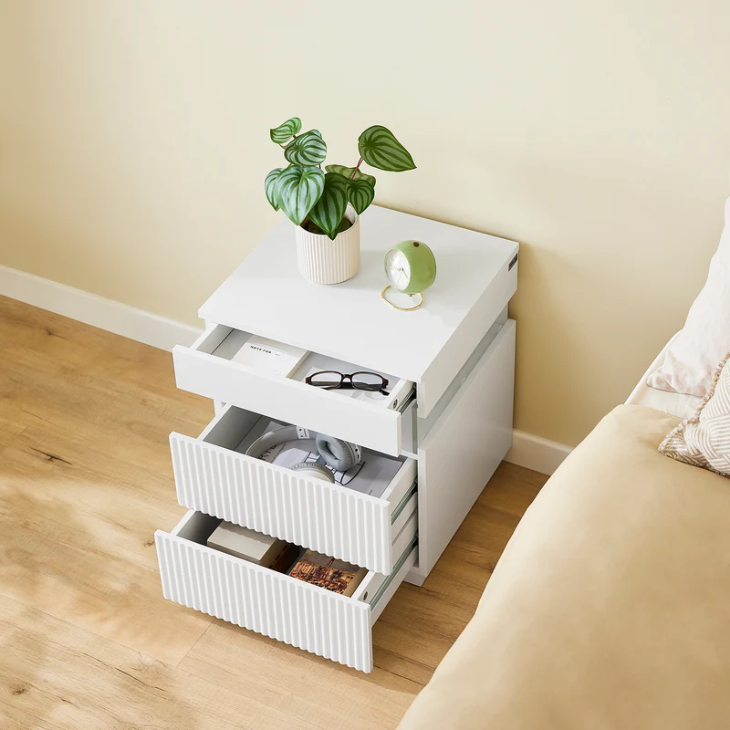 SoBuy FBT167-E-W Table de Chevet avec 3 Tiroirs, 2 Panneaux latéraux en Acrylique et éclairage LED, Design Moderne, Design Fonctionnel – L41×P40×H52 cm, Blanc
