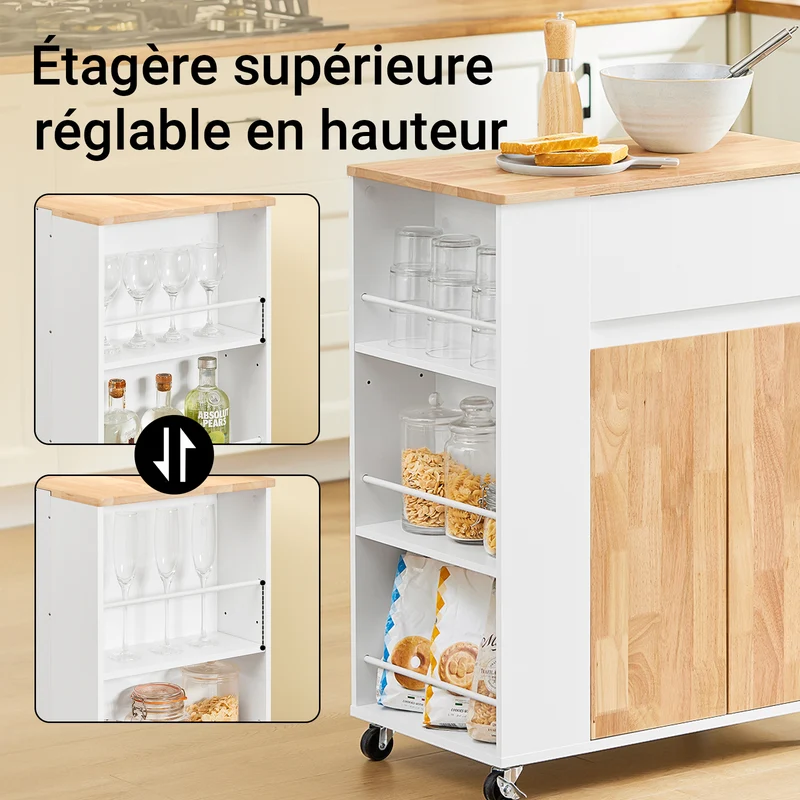 SoBuy FKW132-WN Desserte Cuisine avec Roues, pour Cuisine et Salle à Manger, Rangement Optimisé, Design Fonctionnel – L70×P40×H90 cm, Bois d’Hévéa, Blanc