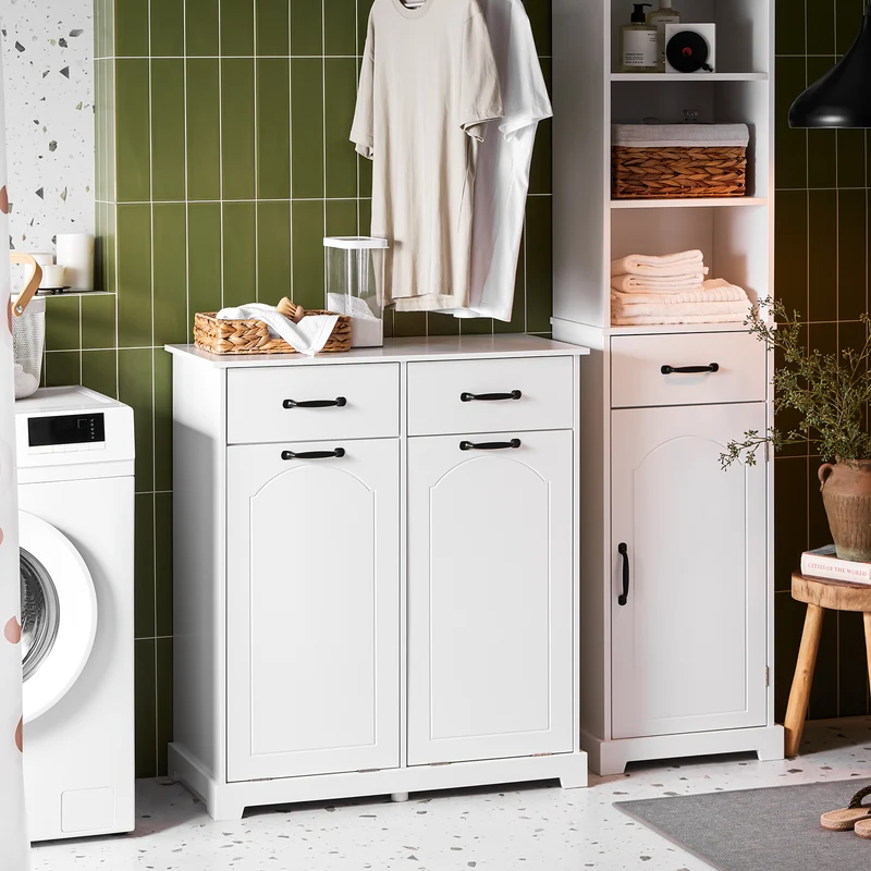 SoBuy BZR208-W Meuble Salle de Bain avec Panier à Linge, 2 Paniers et Tiroirs, pour Salle de Bain et WC, Rangement Optimisé – L79,5×P38×H90 cm, Bois, Blanc