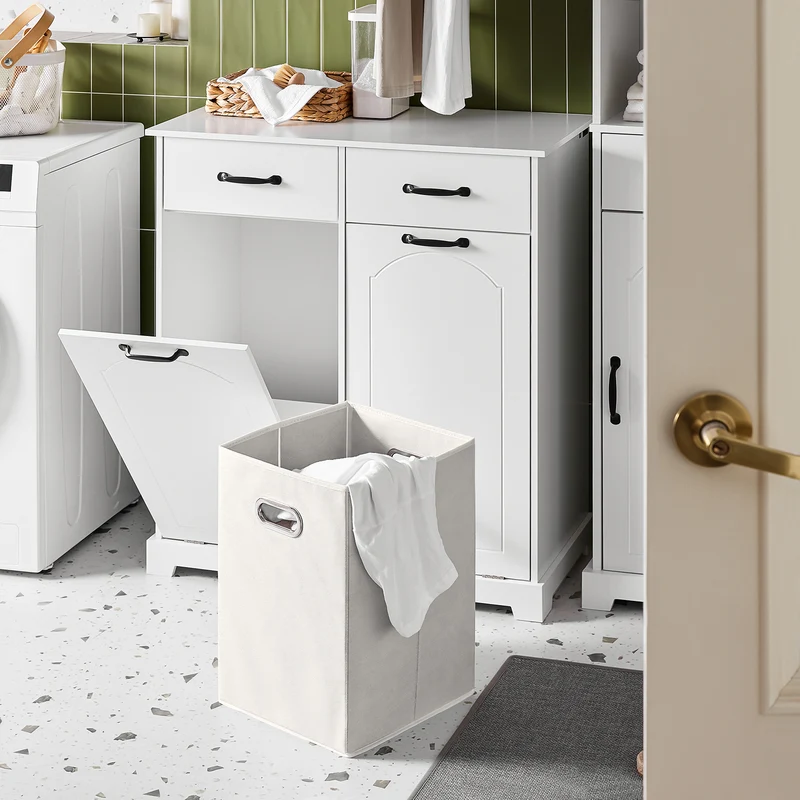 SoBuy BZR208-W Meuble Salle de Bain avec Panier à Linge, 2 Paniers et Tiroirs, pour Salle de Bain et WC, Rangement Optimisé – L79,5×P38×H90 cm, Bois, Blanc